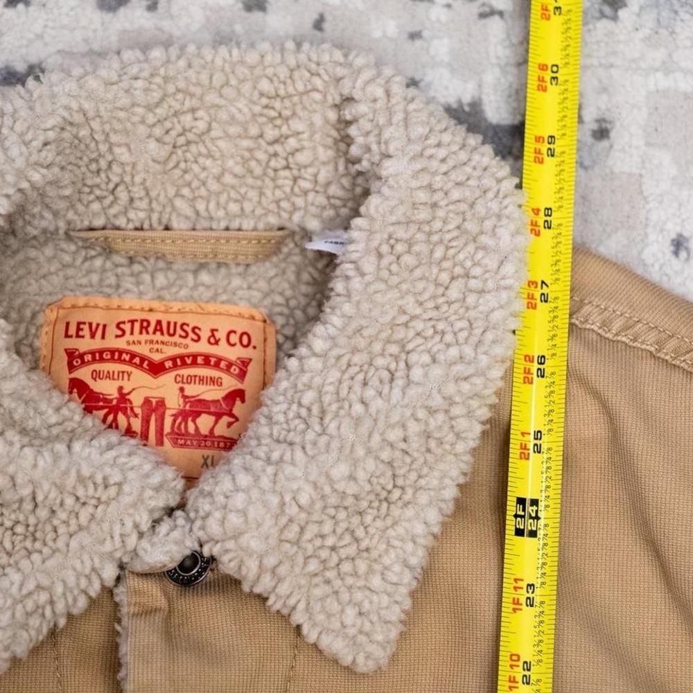 Levis Sherpa Lined Trucker Jacket Tan Canvas Mens XL Vintage Style Coat - Picture 3 of 5